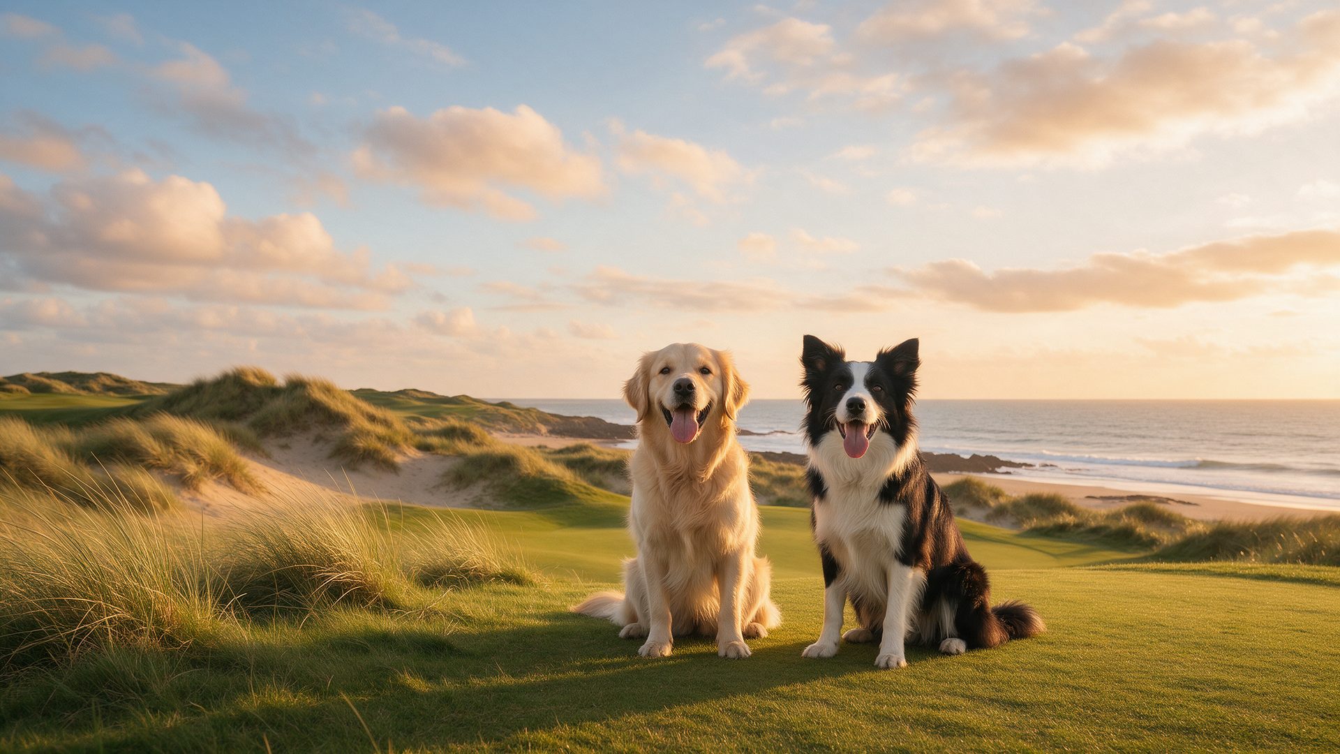 A golden retriever and a border collie sitting on coastal links grass by the sea at sunset